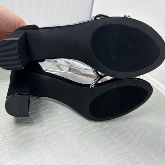 Black Rhinestone Ankle Strap Heels Size 8 Open Toe Clear PVC T-Strap - Picture 6 of 9